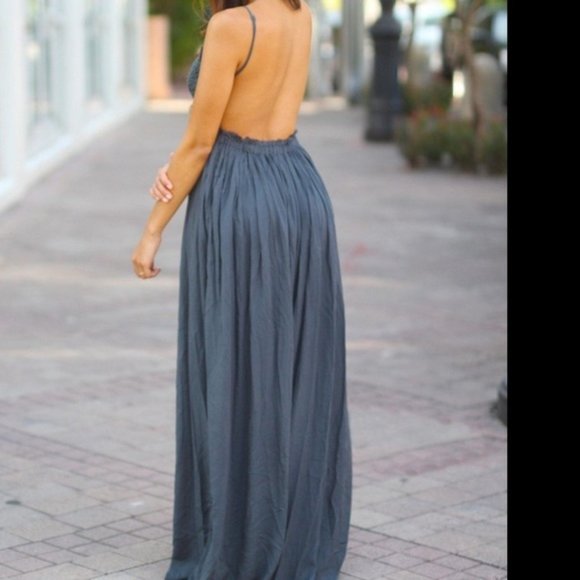 lace maxi dress with open back and frayed hem